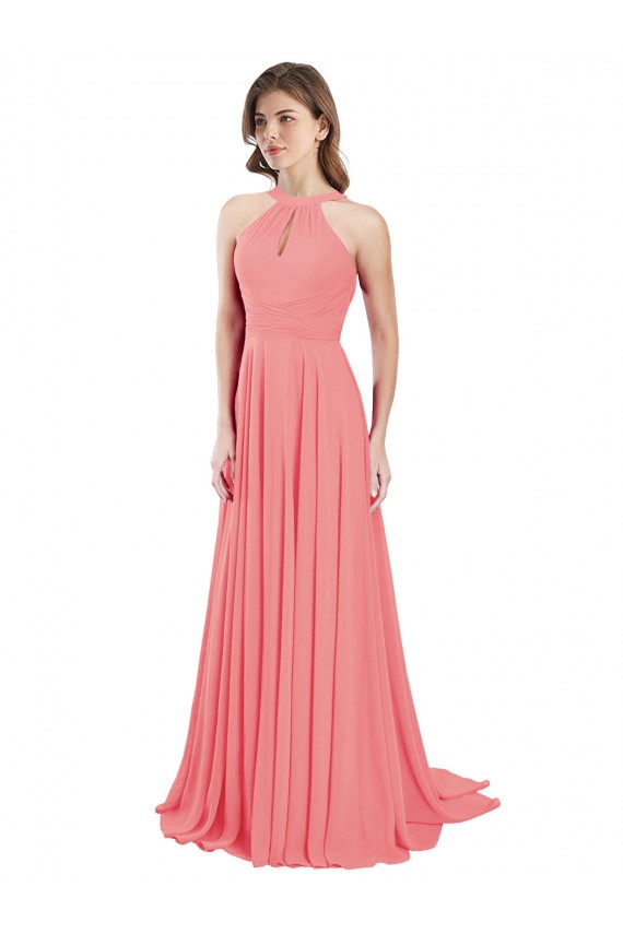 Sleeveless Halter Neck Chiffon Watermelon Long Bridesmaid Dress / Evening Dress Cardiff