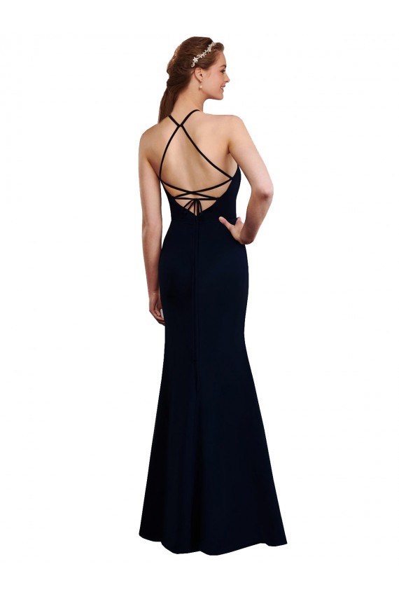Sleeveless Halter Neck Soft Chiffon Dark Navy Long Bridesmaid Dress Cardiff