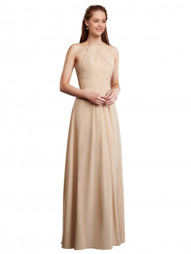 Sleeveless Halter Neck Soft Chiffon Champagne Long Bridesmaid Dress Cardiff