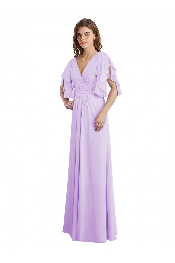 Split Sleeves V-Neck Soft Chiffon Lilac Long Bridesmaid Dress Cardiff