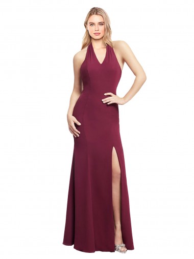 Sleeveless Halter Neck Soft Chiffon Burgundy Mermaid Long Bridesmaid Dress Cardiff