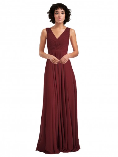 Sleeveless V-Neck Soft Chiffon Burgundy Long Bridesmaid Dress Cardiff