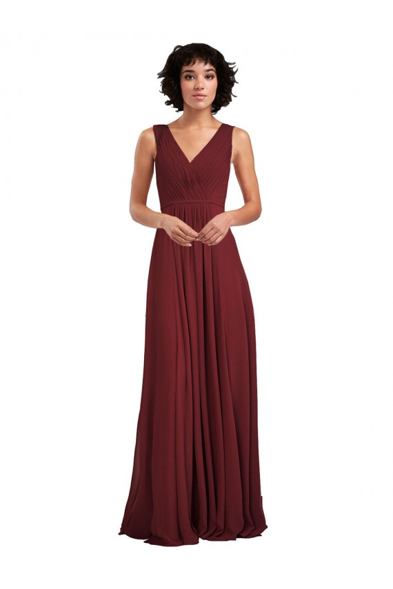 Sleeveless V-Neck Soft Chiffon Burgundy Long Bridesmaid Dress Cardiff