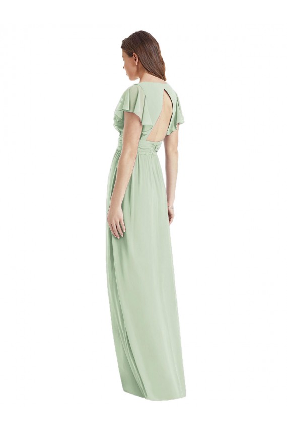 Flutter Sleeves V-Neck Soft Chiffon Sage Long Bridesmaid Dress Cardiff