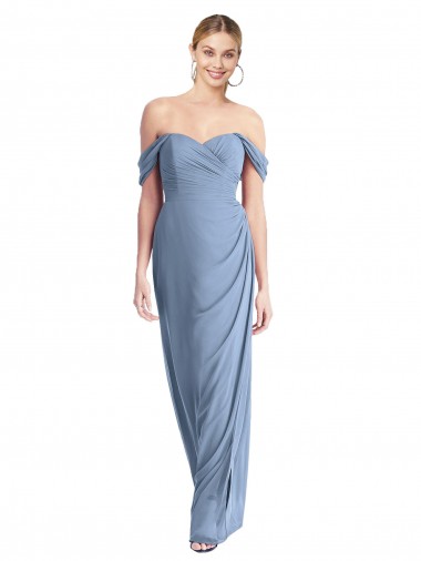 Sleeveless Off the Shoulder Soft Chiffon Dusty Blue Long Semi Formal Evening Dress / Bridesmaid Dress Cardiff