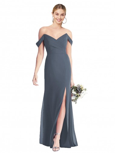 Sleeveless Off the Shoulder Soft Chiffon Silver Stone Long Bridesmaid Dress Cardiff