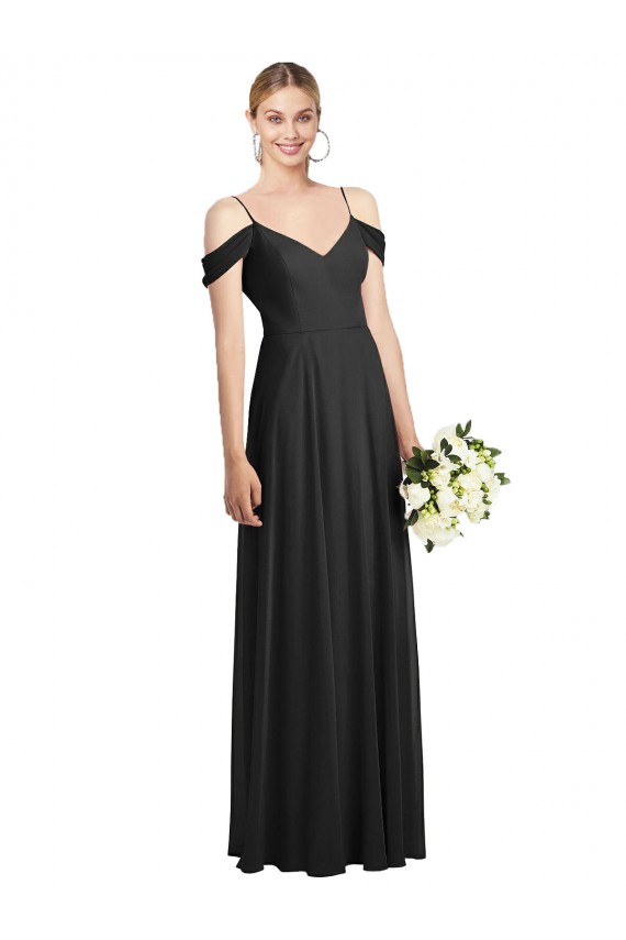Cold Shoulder Spaghetti Straps Soft Chiffon Black Long Semi Formal Evening Dress / Bridesmaid Dress Cardiff