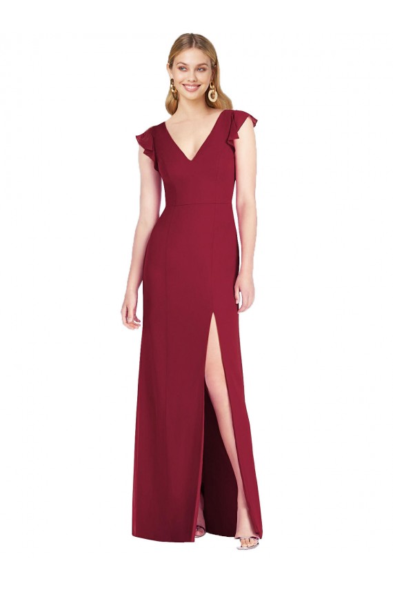 Ruffle Sleeves V-Neck Soft Chiffon Burgundy Long Bridesmaid Dress Cardiff