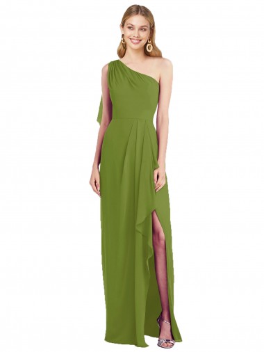 Sleeveless One Shoulder Soft Chiffon Olive Green Long Bridesmaid Dress Cardiff