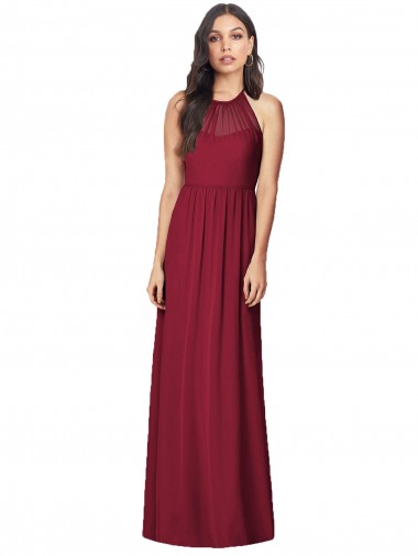 Sleeveless Halter Neck Soft Chiffon Burgundy Trumpet Long Bridesmaid Dress Cardiff