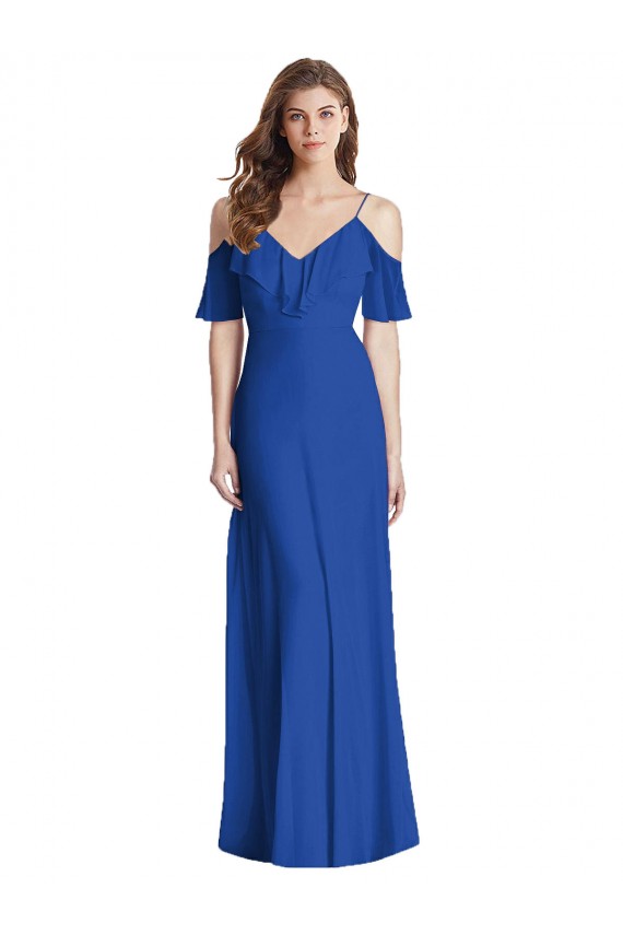 Cold Shoulder V-Neck Soft Chiffon Royal Blue Long Semi Formal Evening Dress / Bridesmaid Dress Cardiff
