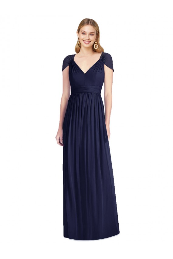 Cap Sleeves V-Neck Soft Chiffon Dark Navy Long Bridesmaid Dress Cardiff