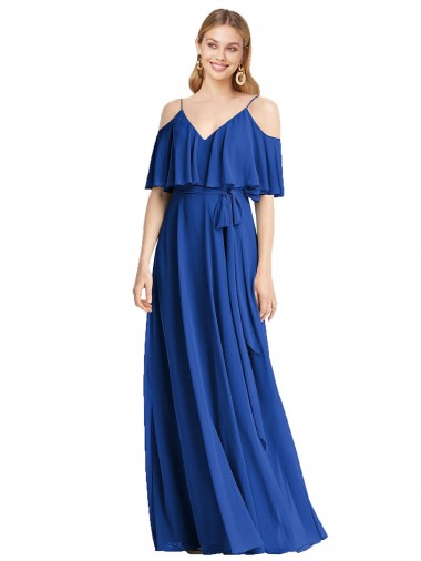 Cold Shoulder V-Neck Chiffon Royal Blue Long Bridesmaid Dress Cardiff