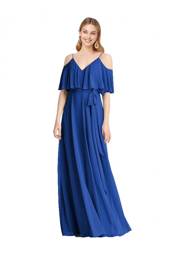 Cold Shoulder V-Neck Chiffon Royal Blue Long Bridesmaid Dress Cardiff