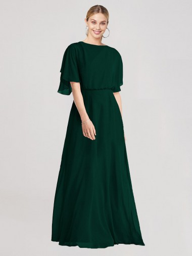Flutter Sleeves Round Neck Soft Chiffon Ever Green Long Bridesmaid Dress Cardiff