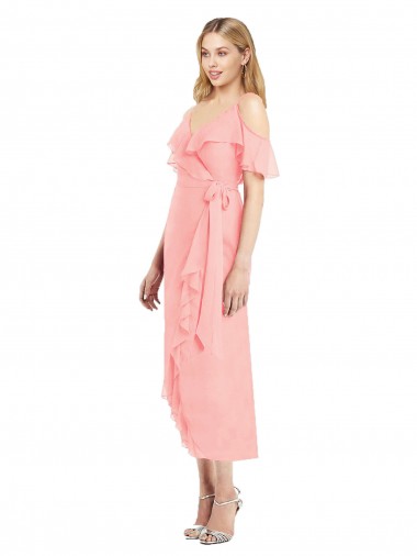 Cold Shoulder V-Neck Soft Chiffon Salmon Cocktail Length High Low Bridesmaid Dress Cardiff
