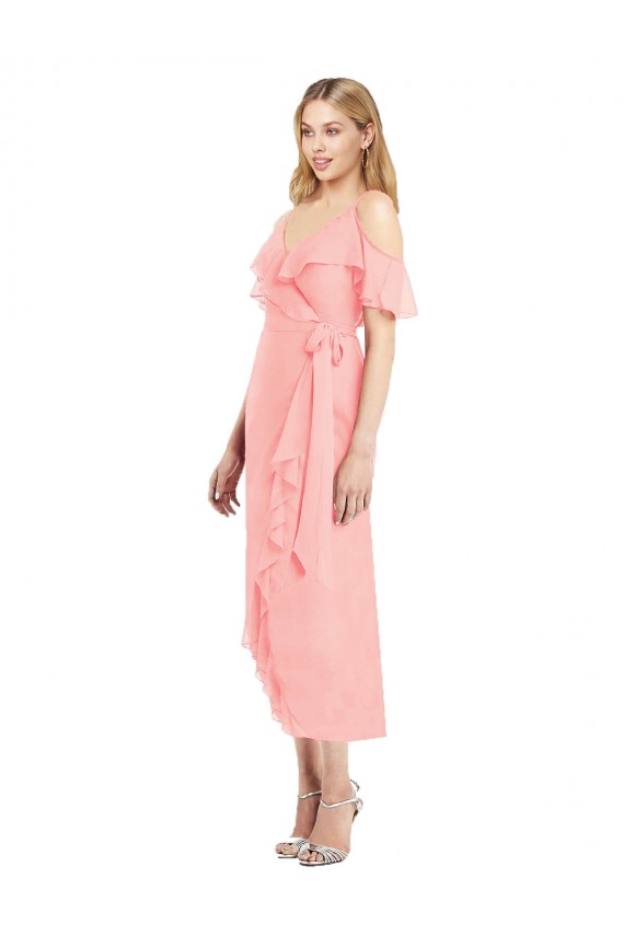 Cold Shoulder V-Neck Soft Chiffon Salmon Cocktail Length High Low Bridesmaid Dress Cardiff