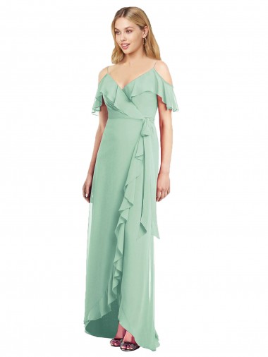 Cold Shoulder V-Neck Soft Chiffon Mint Green Long High Low Bridesmaid Dress Cardiff