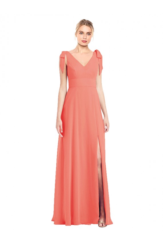 Sleeveless V-Neck Soft Chiffon Coral Trumpet Long Bridesmaid Dress Cardiff