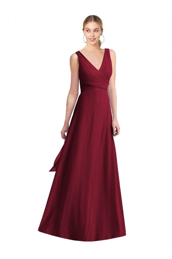 Sleeveless V-Neck Chiffon Burgundy Long Floor Length Bridesmaid Dress Cardiff