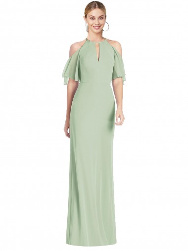 Cold Shoulder Halter Neck Soft Chiffon Sage Long Semi Formal Evening Dress / Bridesmaid Dress Cardiff