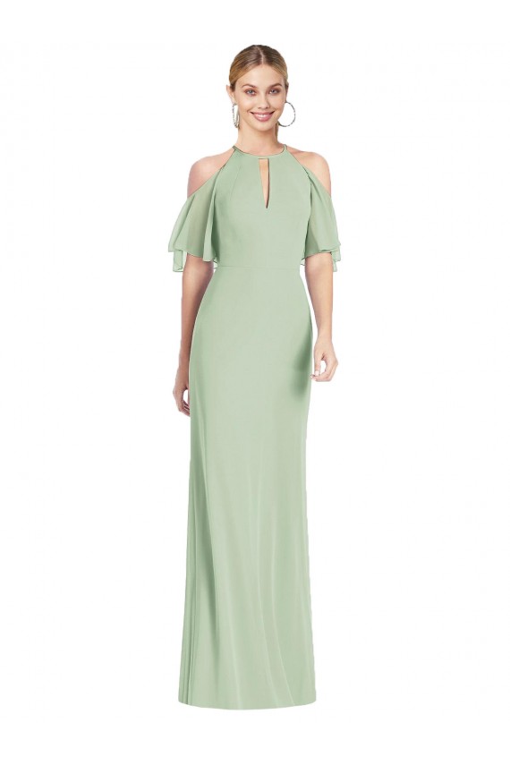 Cold Shoulder Halter Neck Soft Chiffon Sage Long Semi Formal Evening Dress / Bridesmaid Dress Cardiff