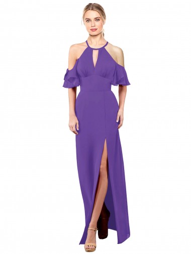 Ruffle Sleeves Halter Neck Soft Chiffon Purple Long Bridesmaid Dress Cardiff