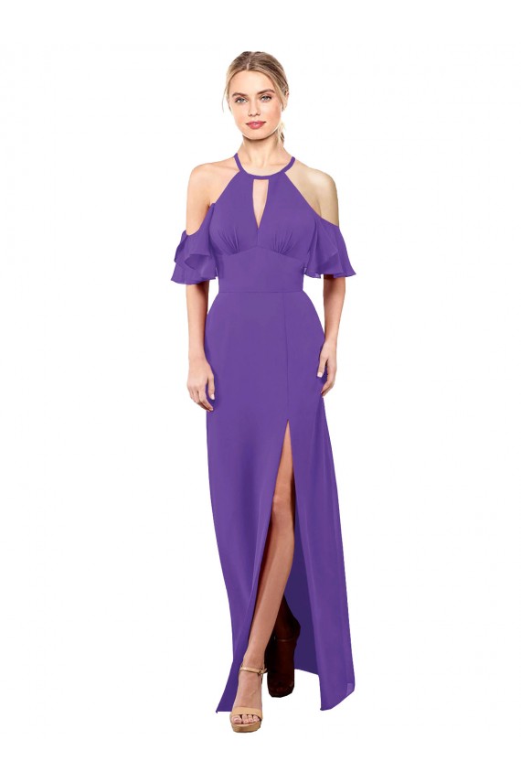 Ruffle Sleeves Halter Neck Soft Chiffon Purple Long Bridesmaid Dress Cardiff