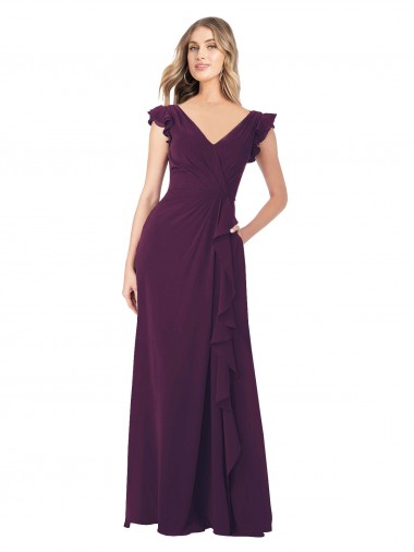 Cap Sleeves V-Neck Soft Chiffon Grape Long Formal Dress / Bridesmaid Dress Cardiff