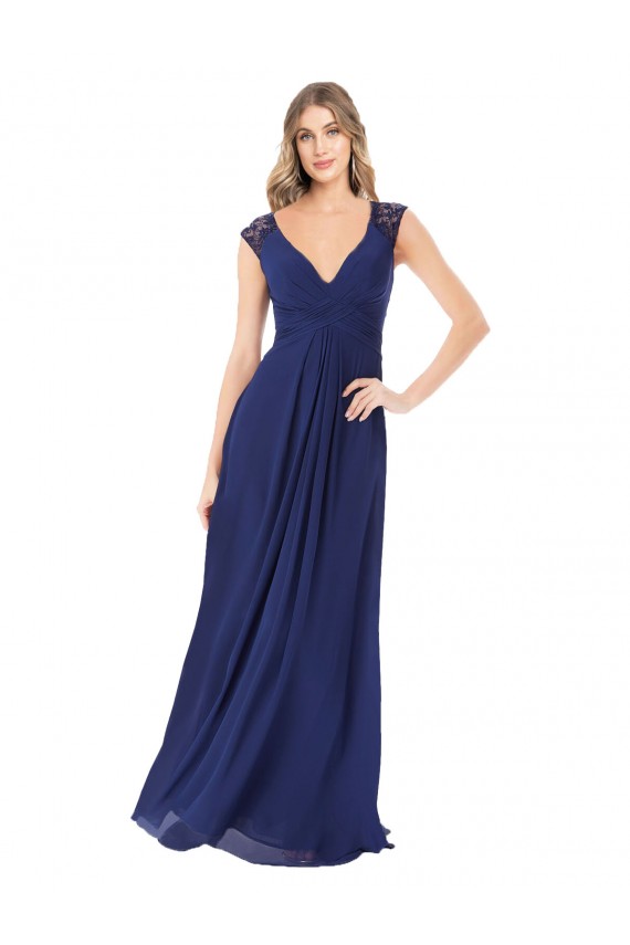 Cap Sleeves V-Neck Soft Chiffon Sapphire Long Bridesmaid Dress Cardiff