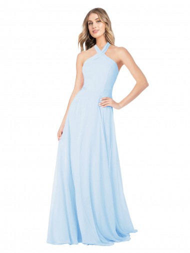 Sleeveless High Neck Chiffon Light Sky Blue Long Bridesmaid Dress / Evening Gowns Cardiff
