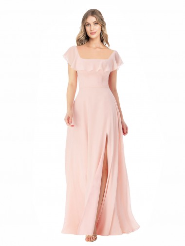 Cap Sleeves Square Neck Soft Chiffon Pink Long Formal Dress / Bridesmaid Dress Cardiff