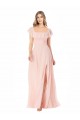 Cap Sleeves Square Neck Soft Chiffon Pink Long Formal Dress / Bridesmaid Dress Cardiff