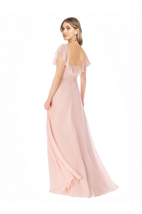 Cap Sleeves Square Neck Soft Chiffon Pink Long Formal Dress / Bridesmaid Dress Cardiff