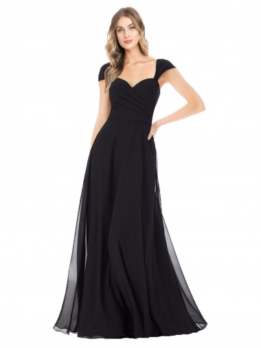 Cap Sleeves Sweetheart Soft Chiffon Black Long Bridesmaid Dress Cardiff