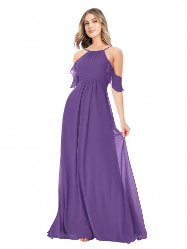 Cold Shoulder High Neck Soft Chiffon Plum Purple Long Bridesmaid Dress Cardiff