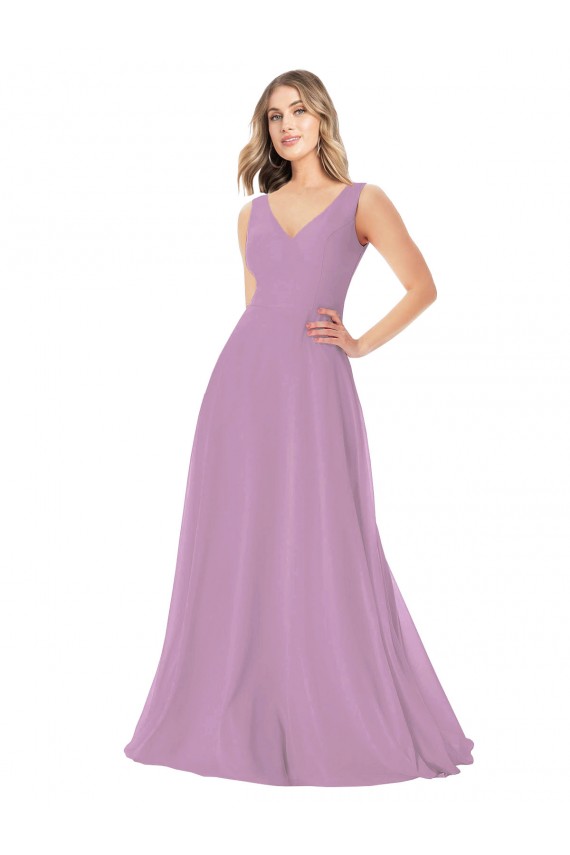 Sleeveless V-Neck Soft Chiffon Dark Lavender Long Bridal Party Dress Cardiff