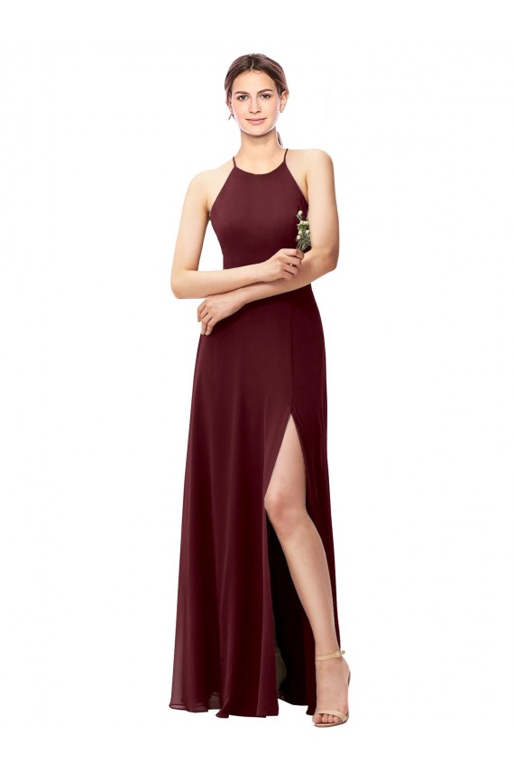 Sleeveless High Neck Soft Chiffon Burgundy Gold Long Bridesmaid Dress Cardiff