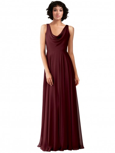 Sleeveless Cowl Neck Soft Chiffon Burgundy Gold Long Bridesmaid Dress Cardiff