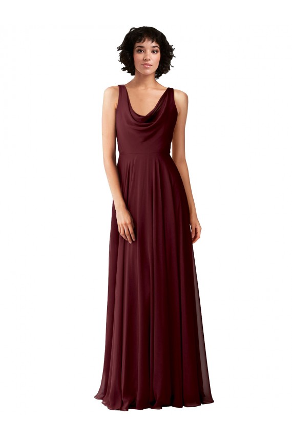 Sleeveless Cowl Neck Soft Chiffon Burgundy Gold Long Bridesmaid Dress Cardiff