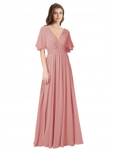 Flutter Sleeves V-Neck Soft Chiffon Bliss Pink Long Bridesmaid Dress Cardiff