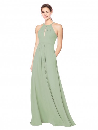 Sleeveless Halter Neck Soft Chiffon Smoke Green Long Bridesmaid Dress Cardiff