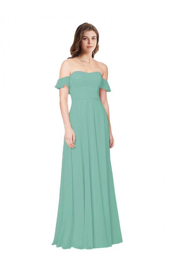 Flounce Sleeves Off the Shoulder Soft Chiffon Jade Long Bridesmaid Dress Cardiff