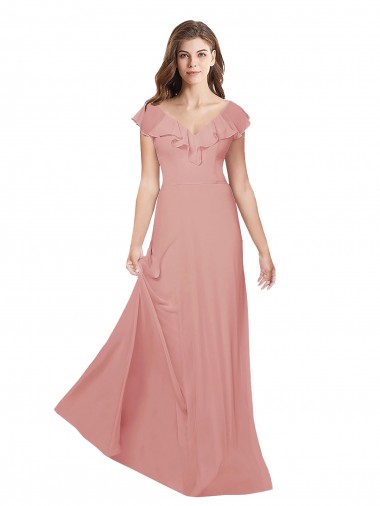 Flutter Sleeves V-Neck Chiffon Bliss Pink Long Bridesmaid Dress / Evening Dress Cardiff