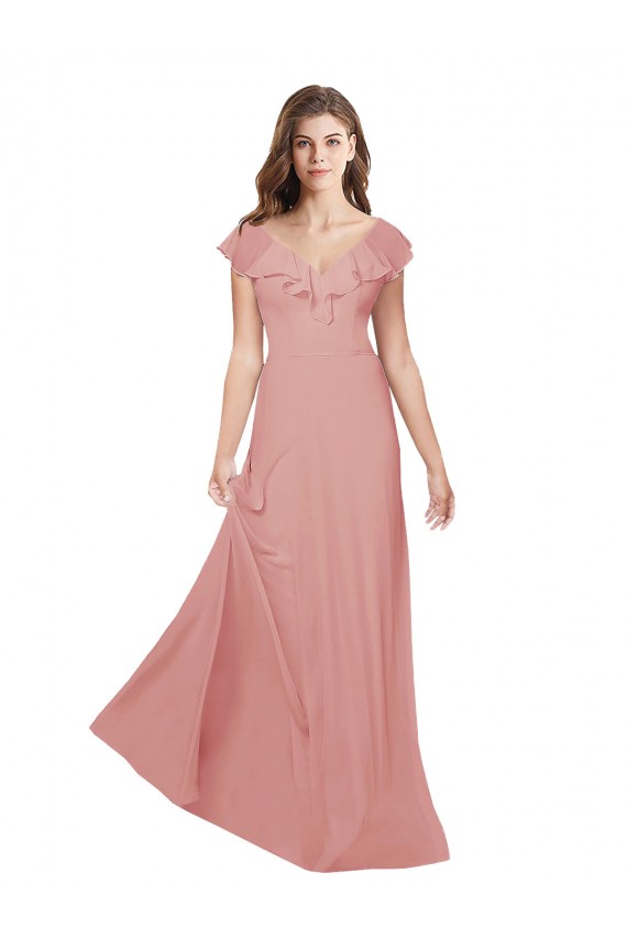 Flutter Sleeves V-Neck Chiffon Bliss Pink Long Bridesmaid Dress / Evening Dress Cardiff