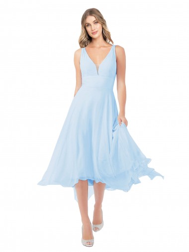 Sleeveless V-Neck Soft Chiffon Light Sky Blue Midi Length Bridesmaid Dress Cardiff