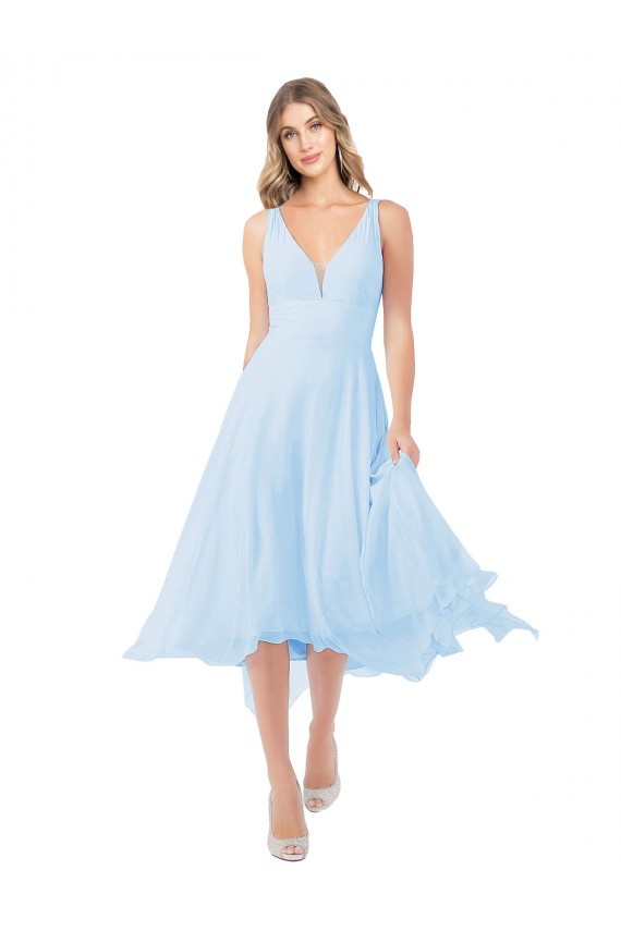 Sleeveless V-Neck Soft Chiffon Light Sky Blue Midi Length Bridesmaid Dress Cardiff