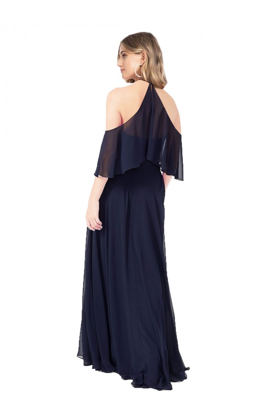 Flutter Sleeves High Neck Soft Chiffon Dark Navy Long Formal Dress / Bridesmaid Dress Cardiff
