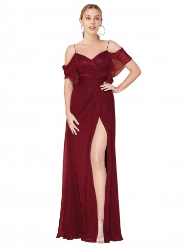 Cold Shoulder High Neck Soft Chiffon Burgundy Long Formal Evening Gown / Prom Dress / Bridesmaid Dress Cardiff