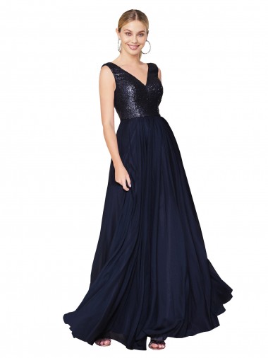 Sleeveless High Neck Soft Chiffon & Sequin Dark Navy Long Semi Formal Evening Gown / Prom Dress / Bridesmaid Dress Cardiff